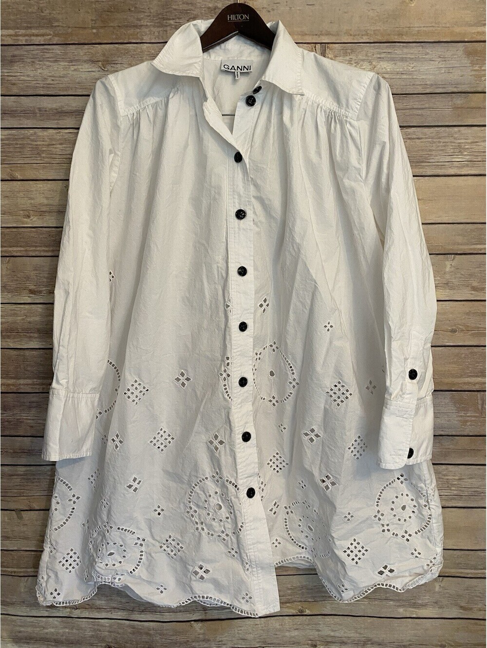 GANNI Broderie Anglaise Long Sleeve Midi Dress White Cotton Size 36